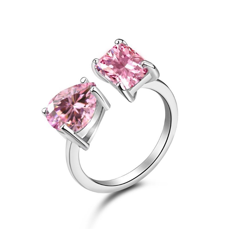 S925 Sterling Sølv Ring Kvinnelig Vanndråpe Mote Rad Med Diamanter Søt Fersken Hjerte Temperament Firkantet Diamant Rosa Høykarbon Diamantring