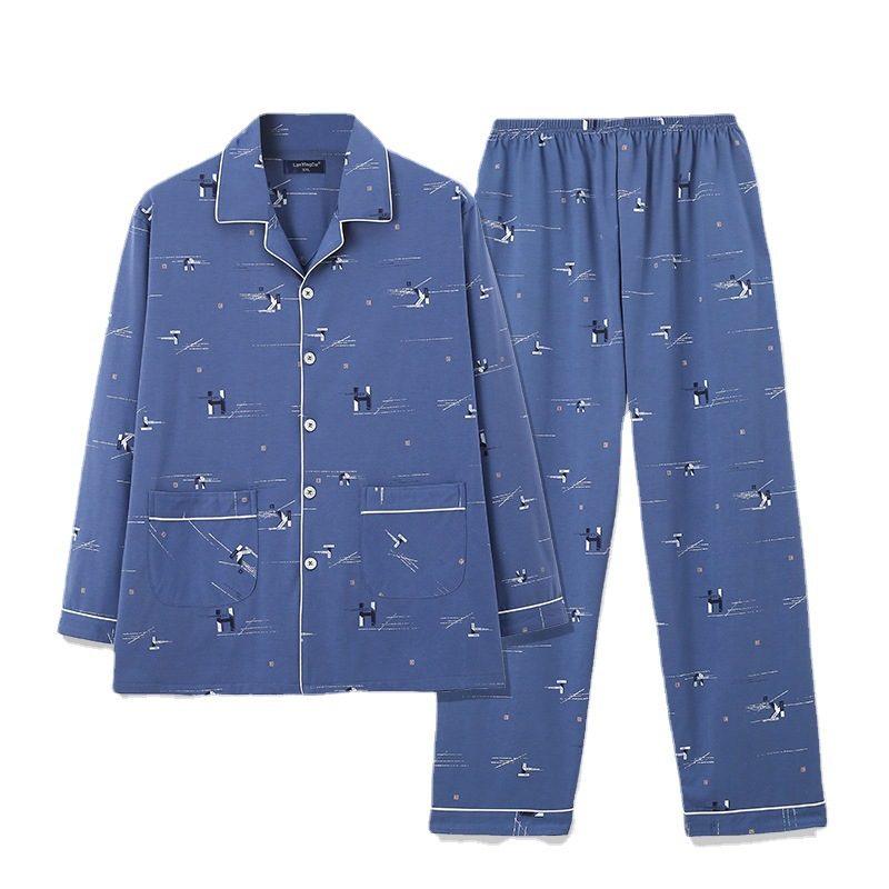 Pyjamas For Menn I Bomull Cardigan Med Lange Ermer Med Trykt Loungewear