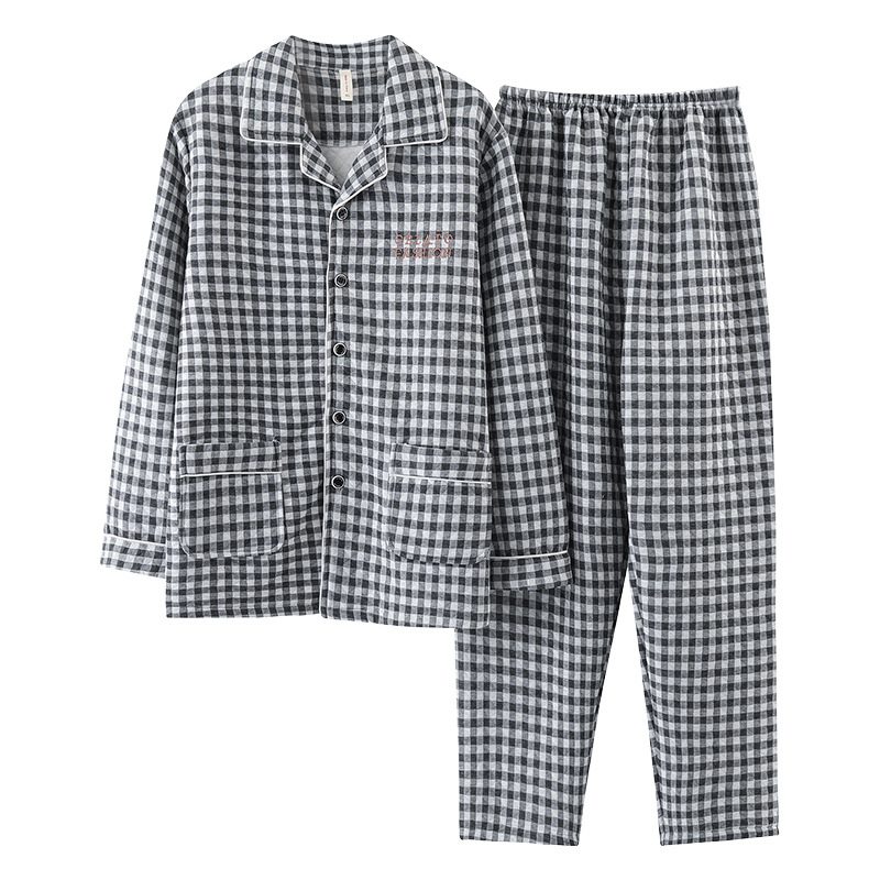 Pysjamas For Menn I Bomull Varm Mellomlags Loungewear Langermet Cardigansett