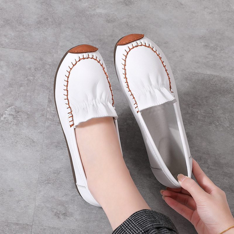 Ekte Skinn Flate Sko Sko Dame 2024 Våren Nye Erter Sko Slip-on Mykt Myk Bunn Mors Sko