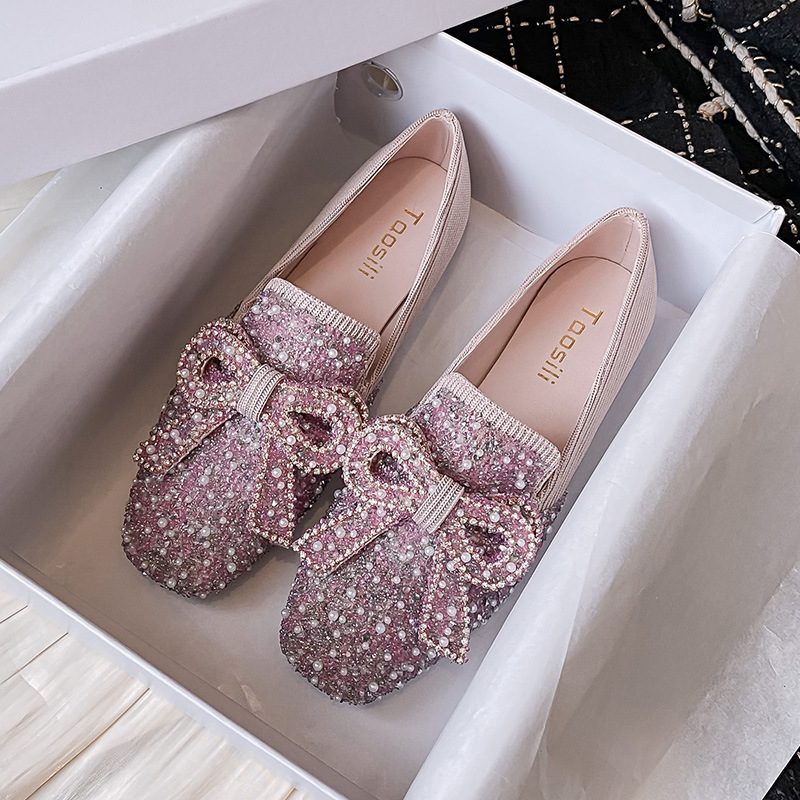 Flate Sko Dame 2024 Våren Nye Bue Elegante Sko Rhinestones Slip-on Erter Sko