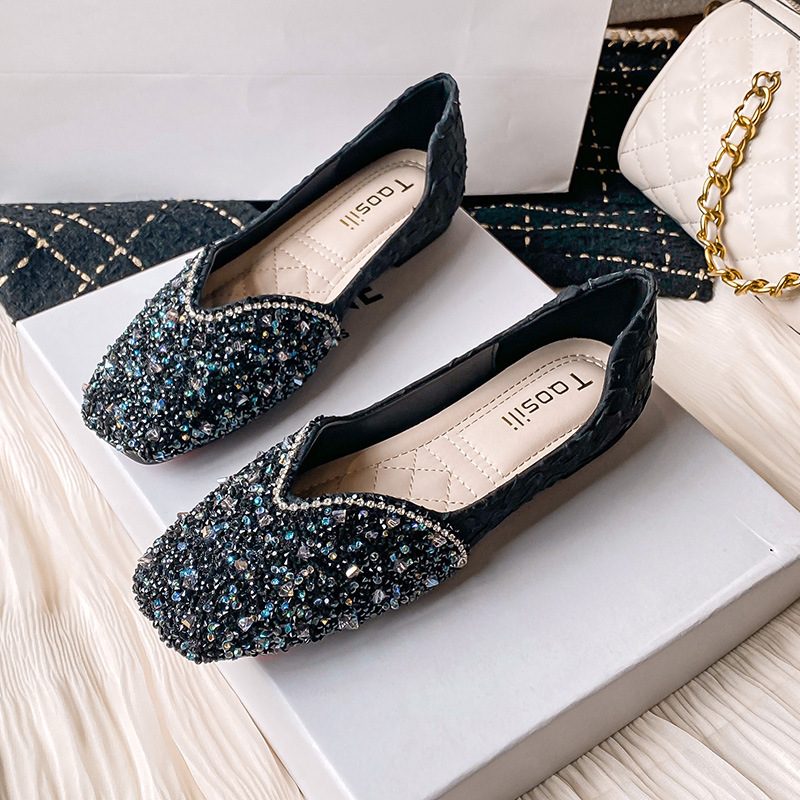 Rhinestone Flate Sko Dame Flat Bunn 2024 Nye Erter Sko Sommer Elegante Sko Stor Størrelse 41-43