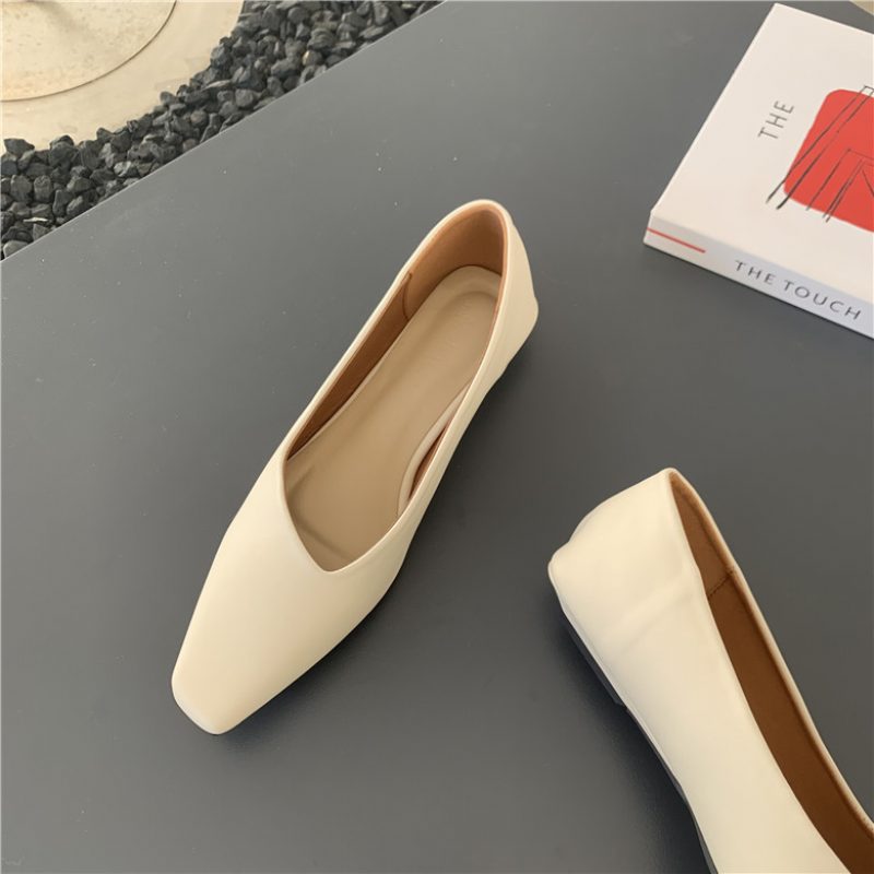 Spring New Retro Square Toe Flat Shoes Dame Komfortable Shallow Mouth Myk Bunn Peas Sko