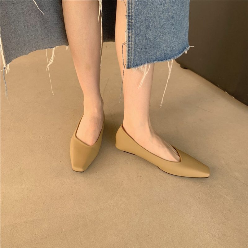 Spring New Retro Square Toe Flat Shoes Dame Komfortable Shallow Mouth Myk Bunn Peas Sko