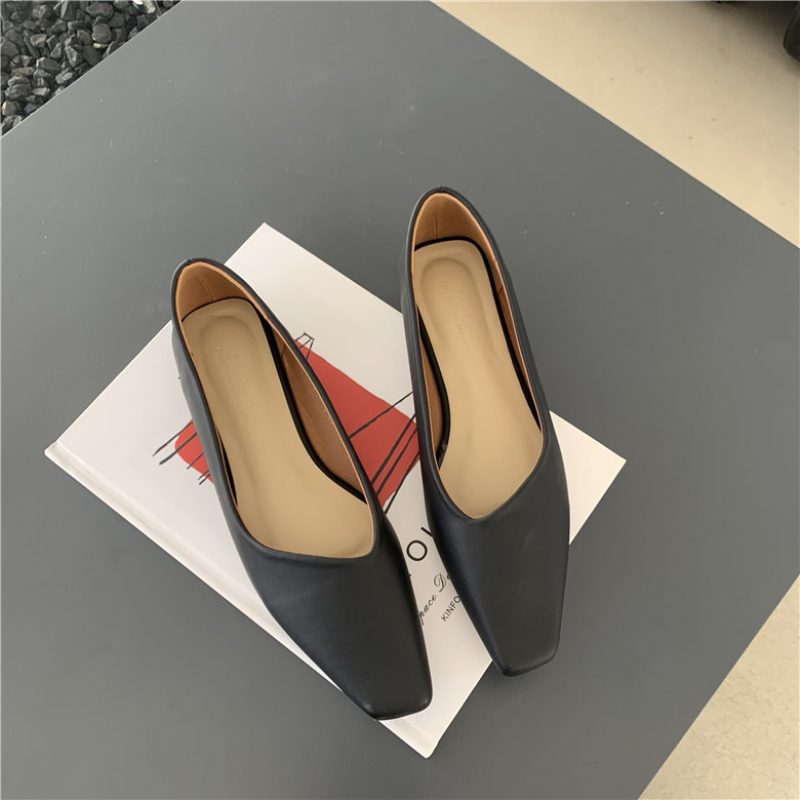 Spring New Retro Square Toe Flat Shoes Dame Komfortable Shallow Mouth Myk Bunn Peas Sko