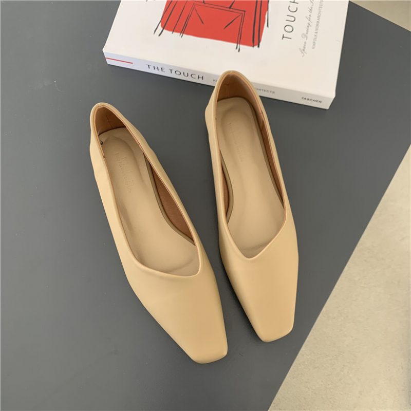 Spring New Retro Square Toe Flat Shoes Dame Komfortable Shallow Mouth Myk Bunn Peas Sko