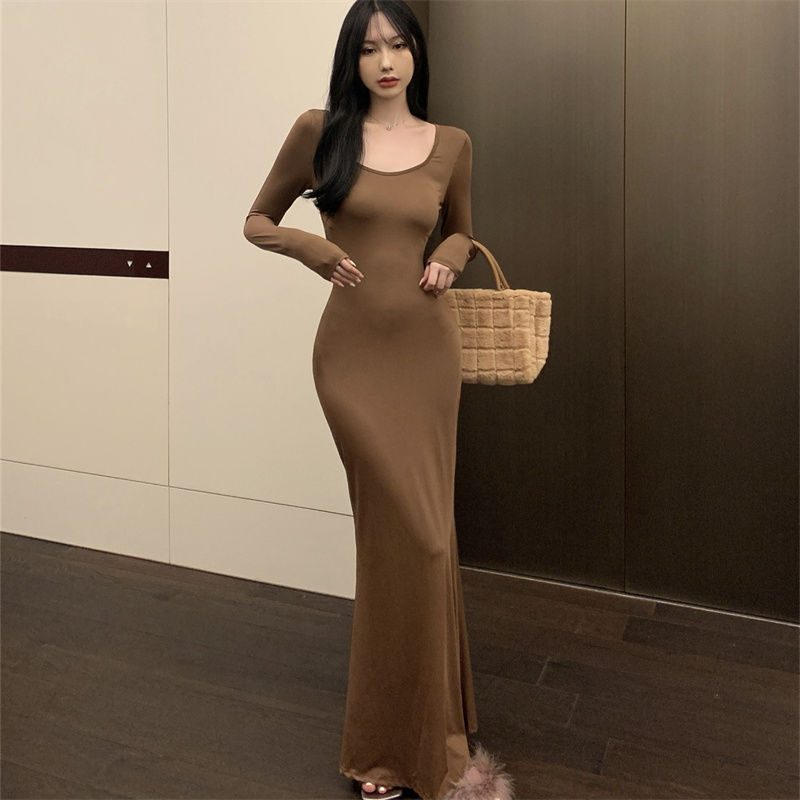 2024 Temperament Langermet Kjole Dame Coffee Color Primer Slim Fishtail Ensfarget