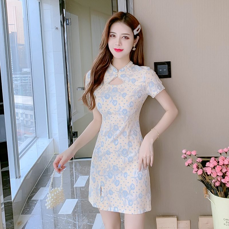 Cheongsam Kjole Dame Chiffon Blomsterkjole