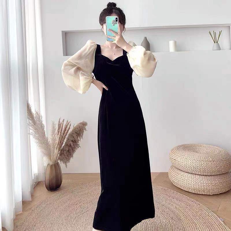 Gold Velvet Dress Dame Puff Sleeves Little Black Midje Retro