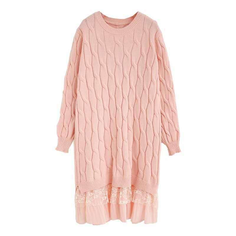 Kvinners Mellomlange Blondekantkjole Ensfarget Twist Pullover Strikket Genser