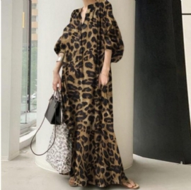 Leopard Print Kjole Stativ Krage Puff Sleeve Mote Løs Casual