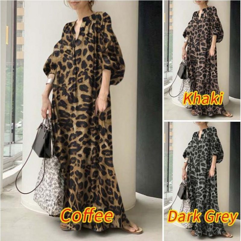 Leopard Print Kjole Stativ Krage Puff Sleeve Mote Løs Casual