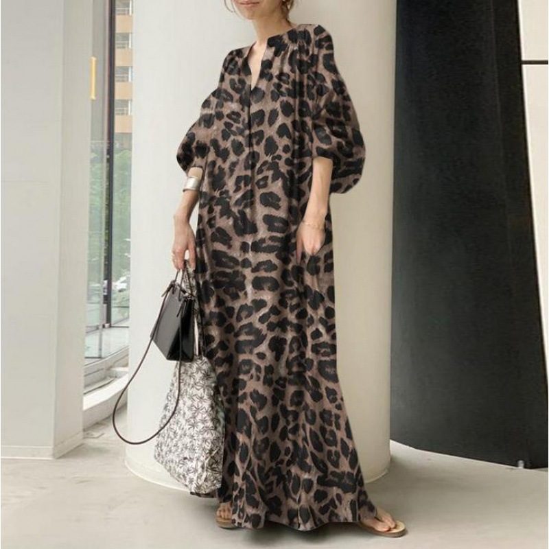 Leopard Print Kjole Stativ Krage Puff Sleeve Mote Løs Casual