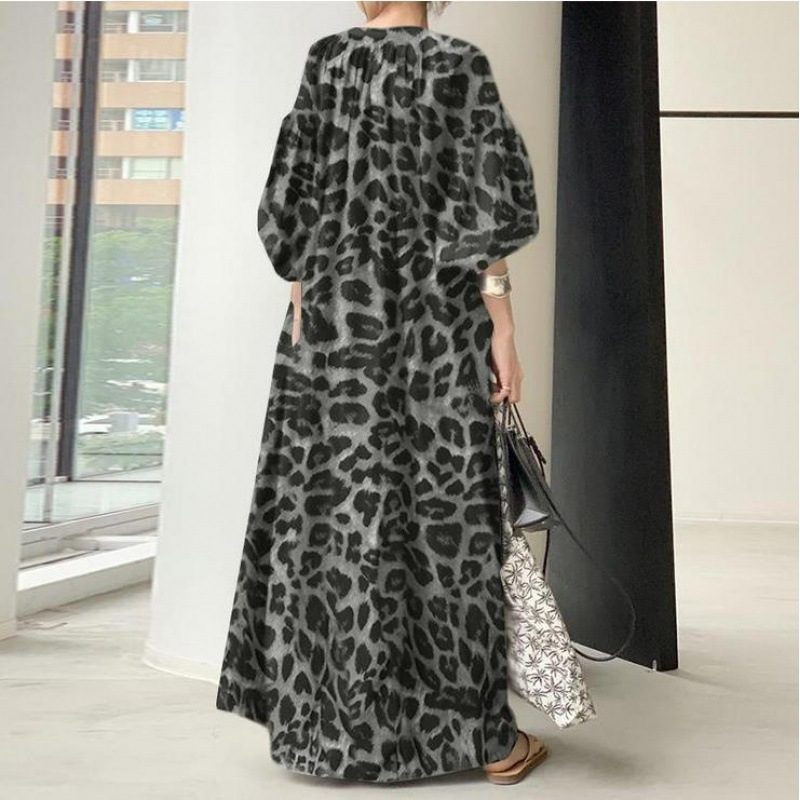 Leopard Print Kjole Stativ Krage Puff Sleeve Mote Løs Casual