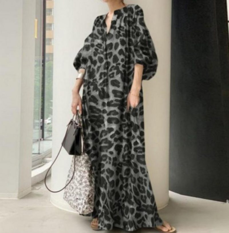 Leopard Print Kjole Stativ Krage Puff Sleeve Mote Løs Casual