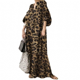 Leopard Print Skjortekjole Stativ Krage Puff Sleeve Mote Løs Casual