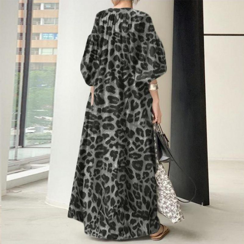 Leopard Print Skjortekjole Stativ Krage Puff Sleeve Mote Løs Casual