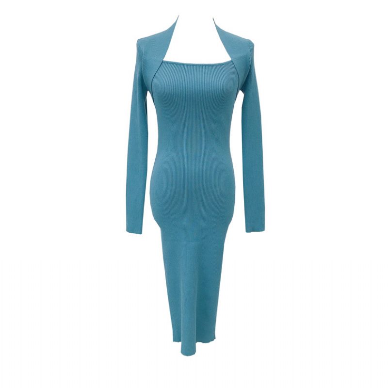 Retro Temperament Square Neck Slim Knee Dress