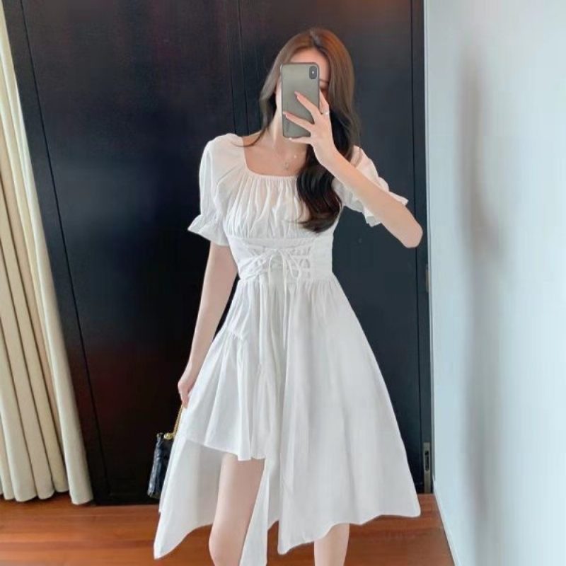 Uregelmessig Puff Sleeve Dress Dame 2024 Sweet Waist