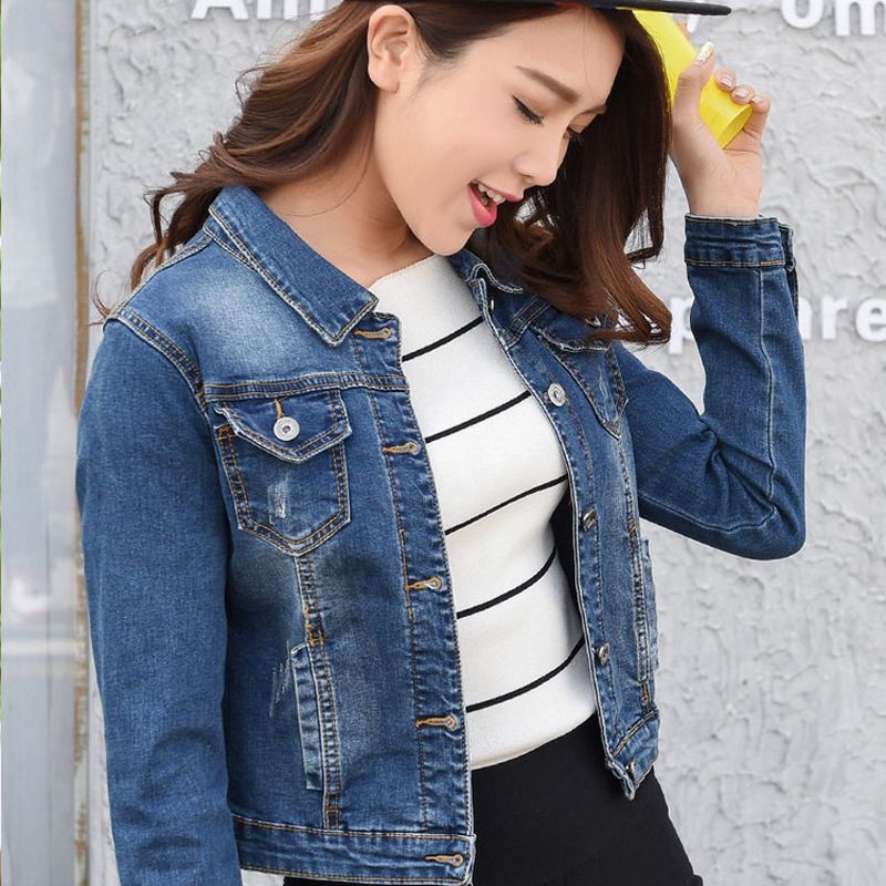 2024 Stretch Slim Dame Denim Jacket Langermet Topp Kort Jakke