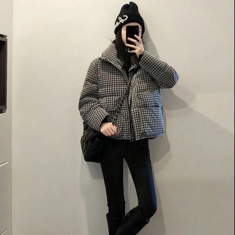 Houndstooth Cotton Coat Dame Short 2024 Thick