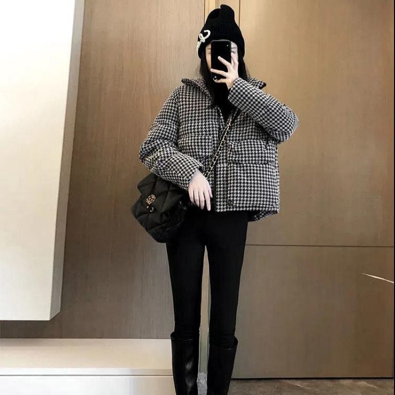 Houndstooth Cotton Coat Dame Short 2024 Thick