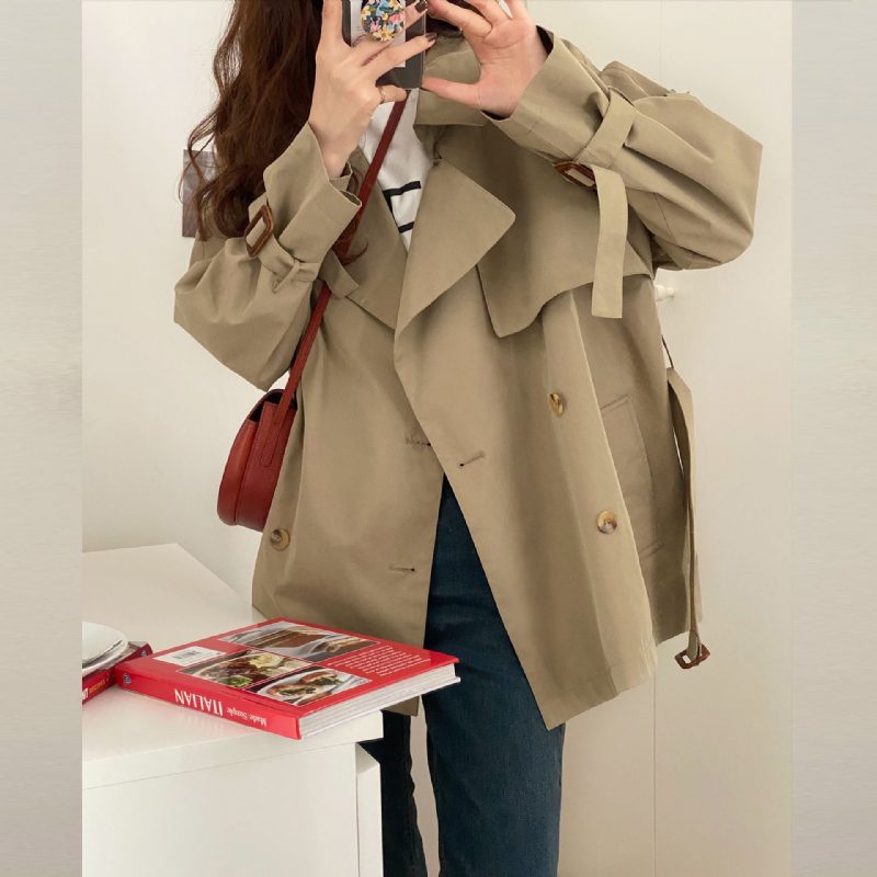 Khaki Trenchcoat For Kvinner 2024 Trendy Kort Tynn Kåpe