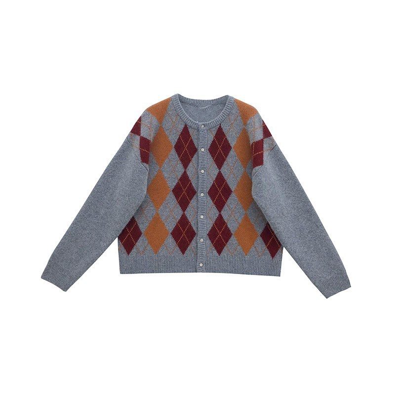 Retro Rhombus Genser Cardigan Jakke Dame Kort Løs Strikk Trend