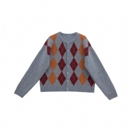 Retro Rhombus Genser Cardigan Jakke Dame Kort Løs Strikk Trend