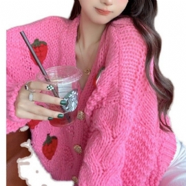 Sweet Strawberry Genser Tykket Cardigan Jacket Dame Løs Ull Strikket Topp