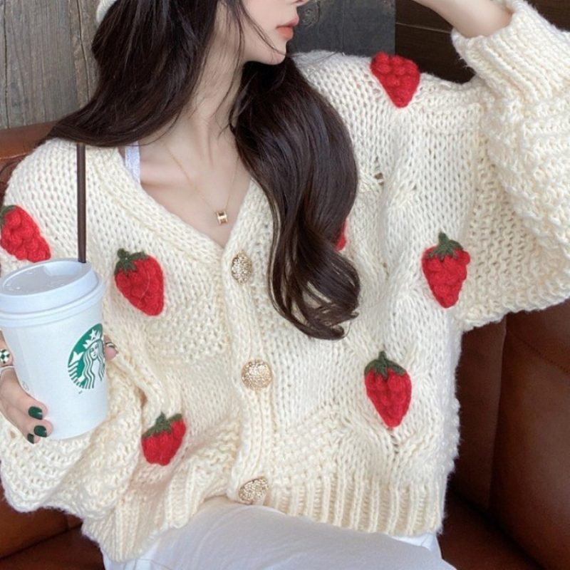 Sweet Strawberry Genser Tykket Cardigan Jacket Dame Løs Ull Strikket Topp