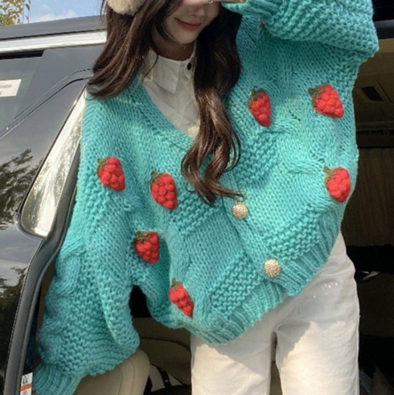 Sweet Strawberry Genser Tykket Cardigan Jacket Dame Løs Ull Strikket Topp