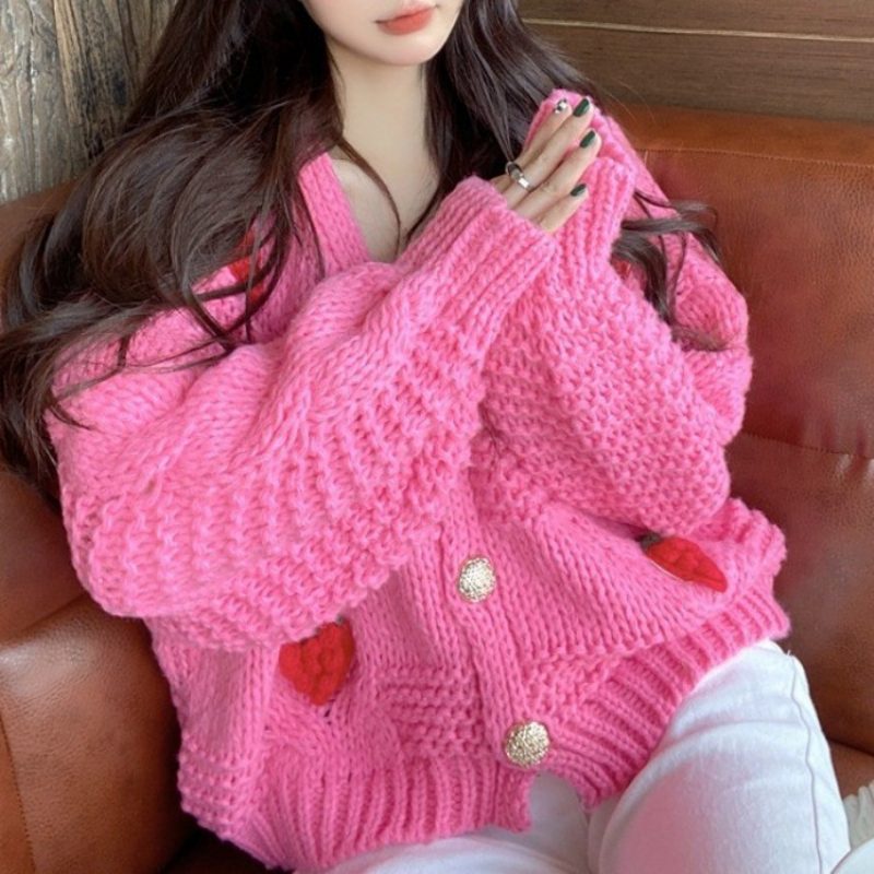 Sweet Strawberry Genser Tykket Cardigan Jacket Dame Løs Ull Strikket Topp