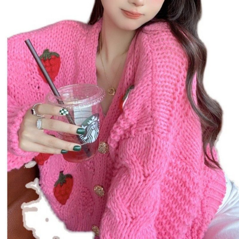 Sweet Strawberry Genser Tykket Cardigan Jacket Dame Løs Ull Strikket Topp