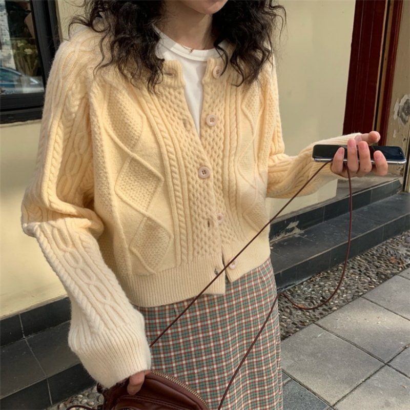 Thickened Twist Genser Cardigan Dame Kort Mote Løs Strikket Jakke Kvinner