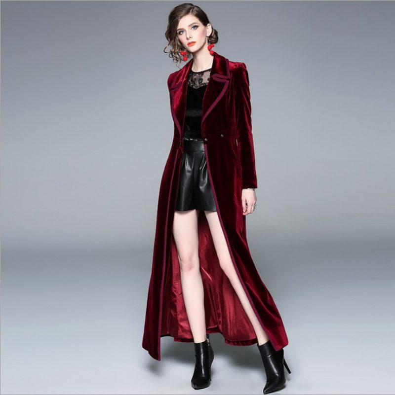 2024 Dame Lang Kjole Frakk Langermet Lapel Collar Trench Coat