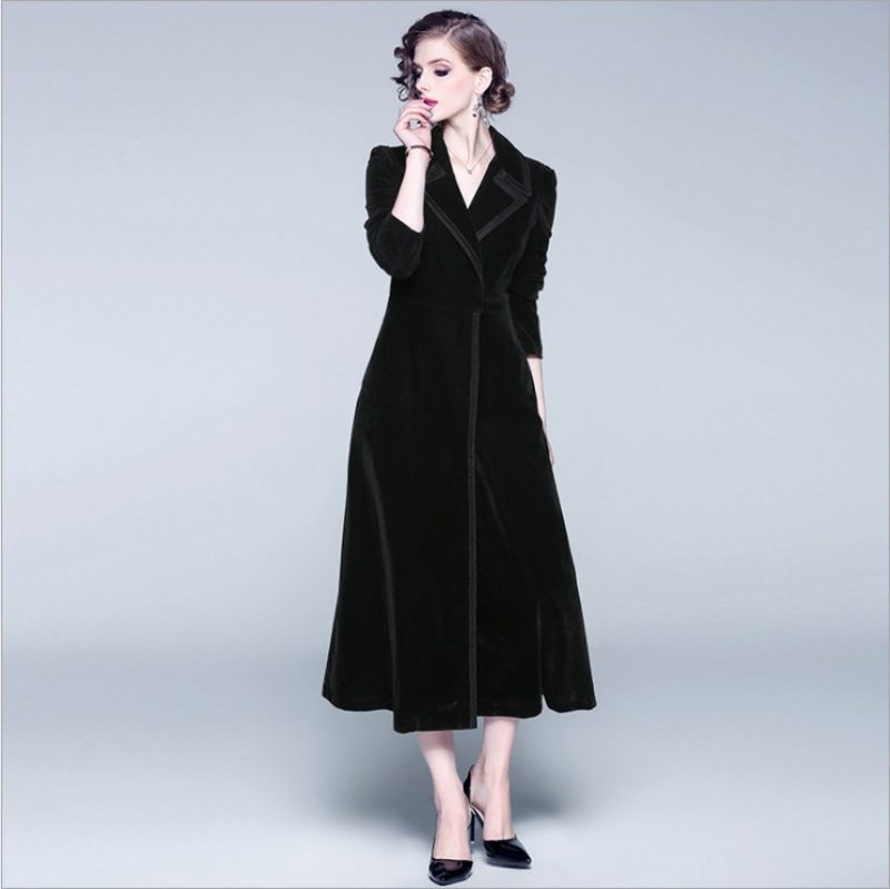 2024 Dame Lang Kjole Frakk Langermet Lapel Collar Trench Coat