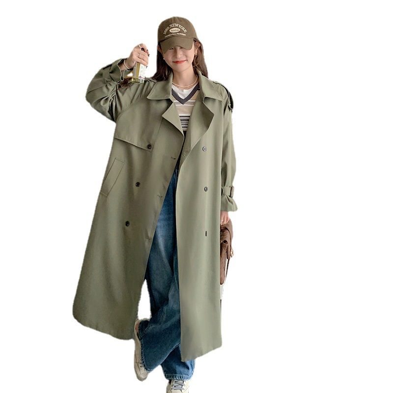 Dame Lang Trench Coat Løs Dobbel Breasted Frakk