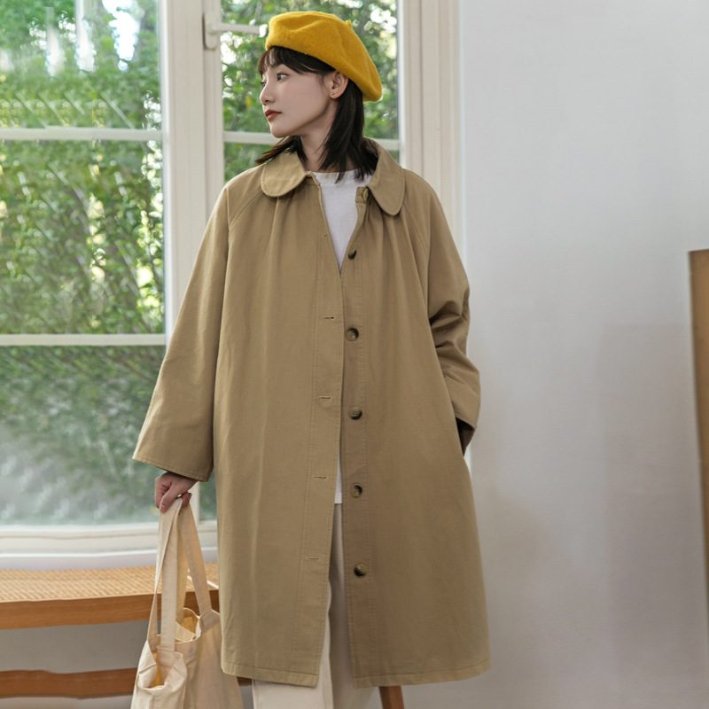 Khaki Trench Coat Dame Lang Frakk 2024 Løs Enkel Breasted Topp