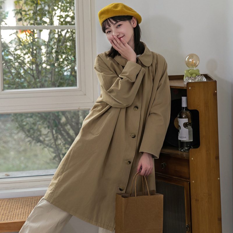 Khaki Trench Coat Dame Lang Frakk 2024 Løs Enkel Breasted Topp