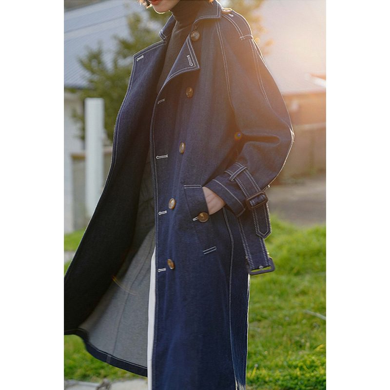 Retro Denim Trenchcoat For Kvinner 2024 Lang Frakk Trend