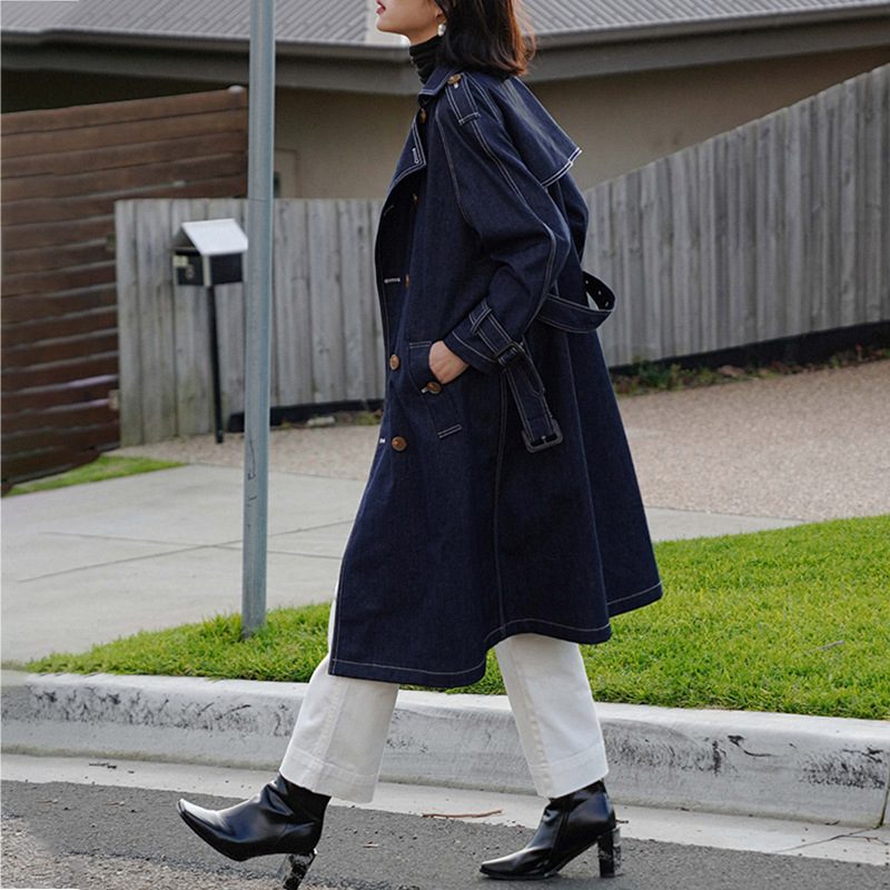 Retro Denim Trenchcoat For Kvinner 2024 Lang Frakk Trend