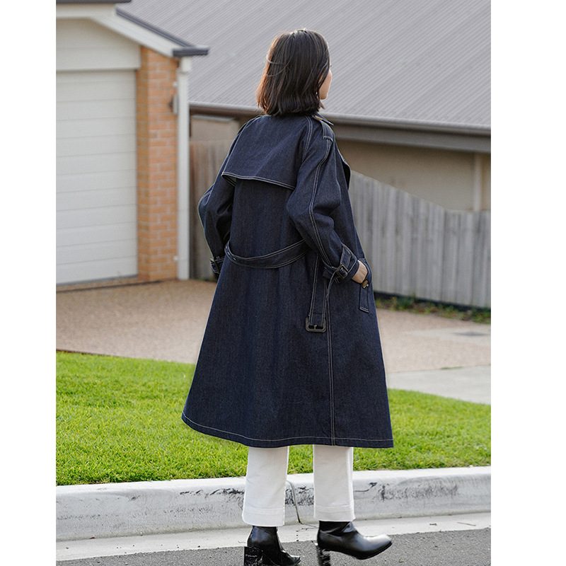 Retro Denim Trenchcoat For Kvinner 2024 Lang Frakk Trend