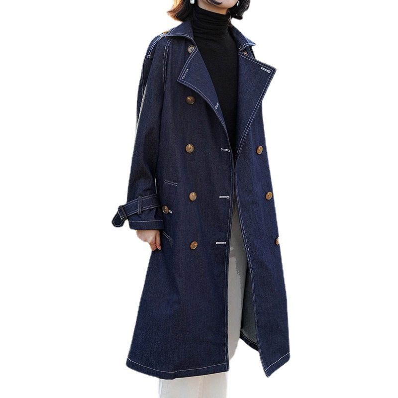 Retro Denim Trenchcoat For Kvinner 2024 Lang Frakk Trend