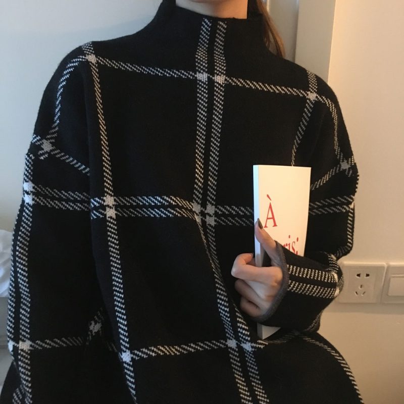 Halv Turtleneck Genser Kvinners Utenlandsk Stil Rutete Løs Strikket Chic Topp