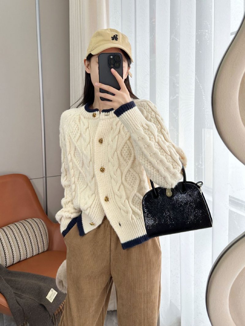 Komfortabel Creme Aprikos Kontrastfarge Løs Lazy Tykk Twisted Strikke Cardigan Genser Dame