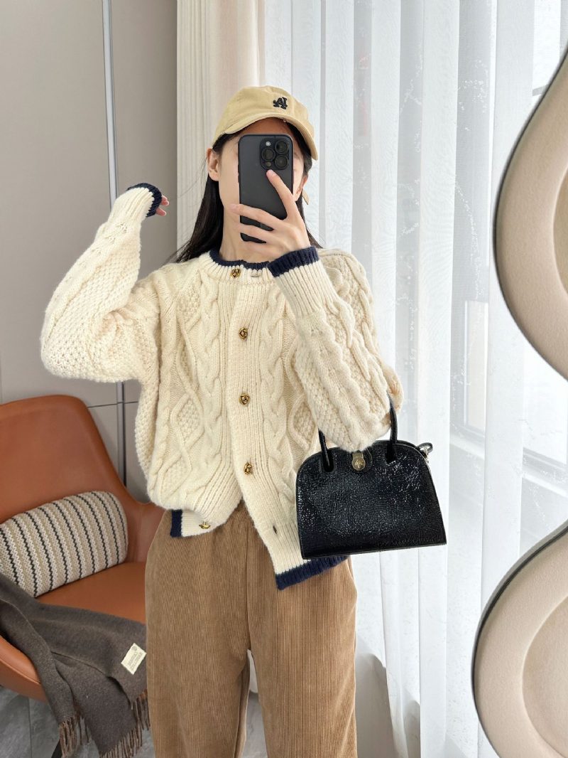 Komfortabel Creme Aprikos Kontrastfarge Løs Lazy Tykk Twisted Strikke Cardigan Genser Dame