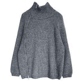 Luxi Mote Dobbel Hode Diagonal Glidelås Turtleneck Genser Dame Høst Og Vinter Lazy Casual