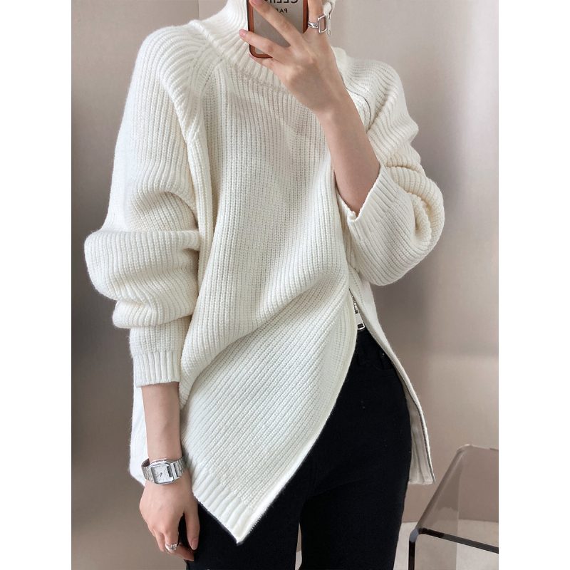 Luxi Mote Dobbel Hode Diagonal Glidelås Turtleneck Genser Dame Høst Og Vinter Lazy Casual