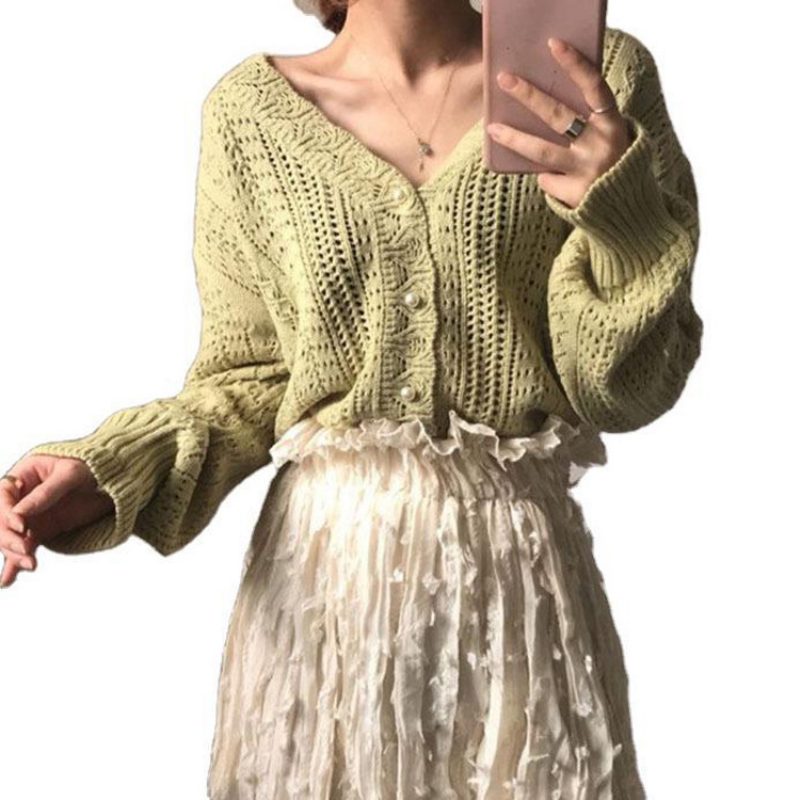 Ny Elegant Retro Hul Ullkåpe Heklet Genser V-hals Strikket Cardigan Kvinner